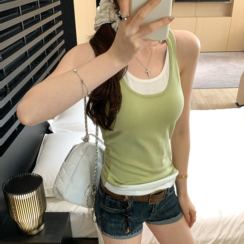 Women's Two-Piece Contrast Color Camisole Vest Set - Stylish Innerwear for Layering = RAC25ZB532WVAT