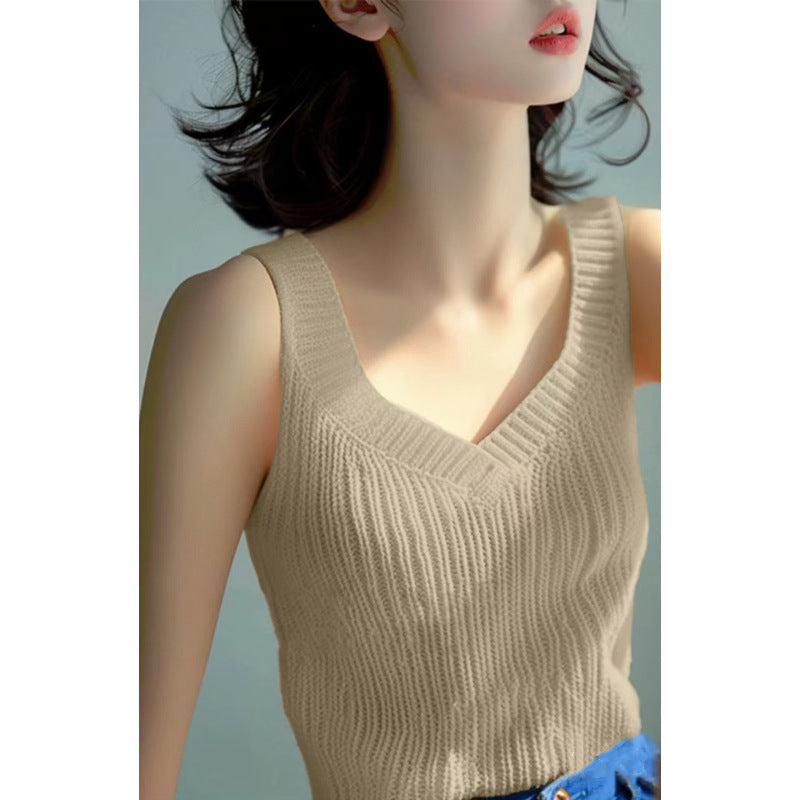 Women's Summer V-Neck Knitted Vest - Sweet Girl Style Solid Color Sleeveless Dopamine-Inspired Top