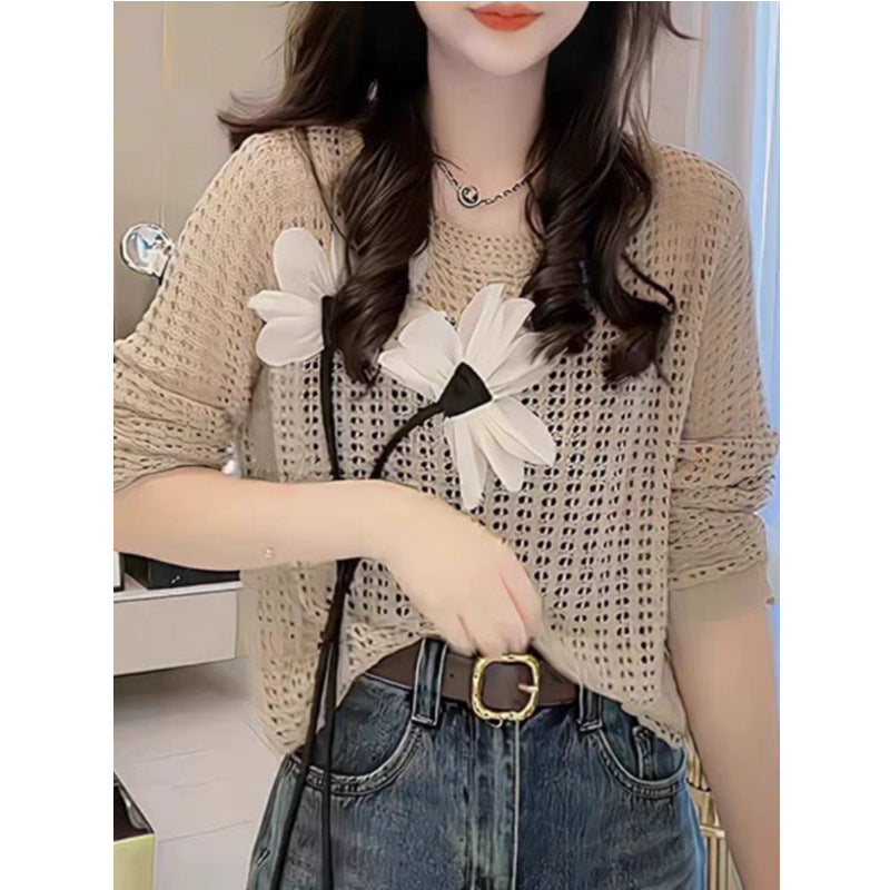 Summer Women's Slim Fit Hollow Knit Cardigan - Lightweight Round Neck Pullover with 3D Floral Detail, Long Sleeve Fashio
