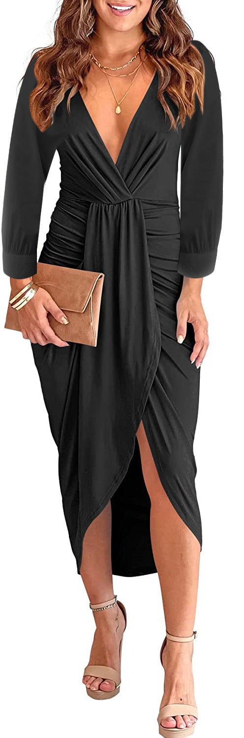 Elegant V-Neck Pleated Bodycon Slit Dress – Solid Color Long Sleeve Autumn & Winter Fashion for Women