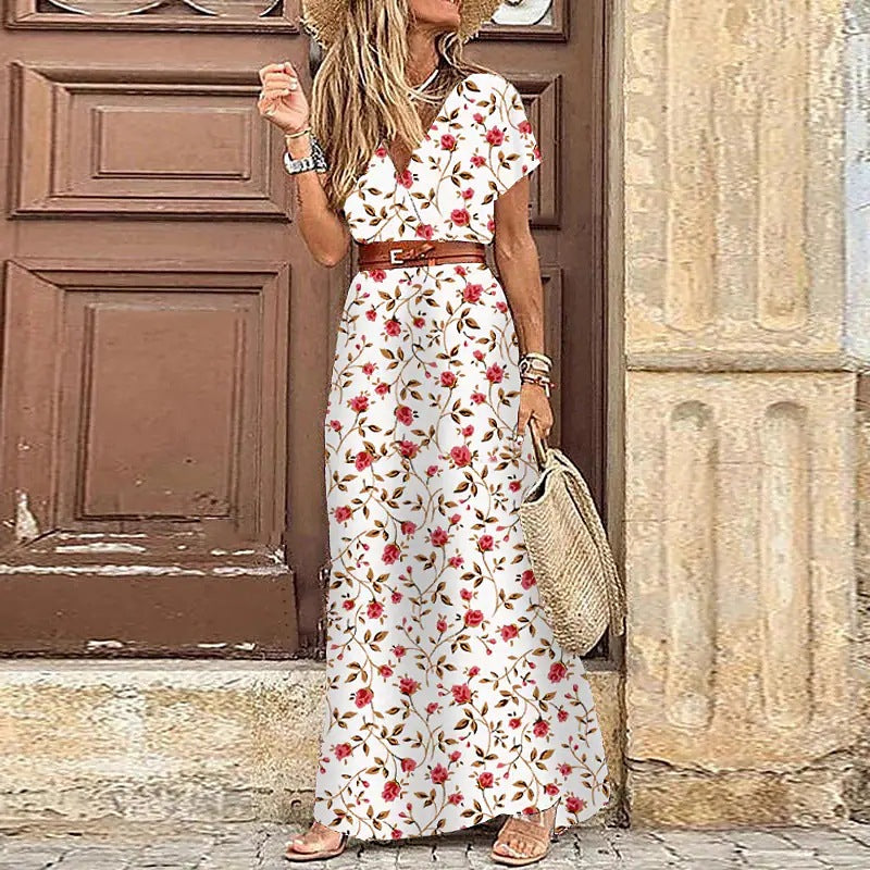 Women's Bohemian V-Neck Floral Maxi Dress – Flowy Summer Beach Sundress with Short Sleeves