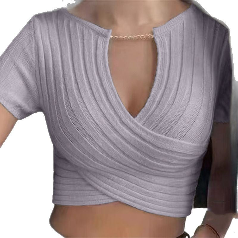 Summer Chain Deep V-Neck Cross-Navel Knitted Crop Top - Women's Short Sleeve Chic Streetwear