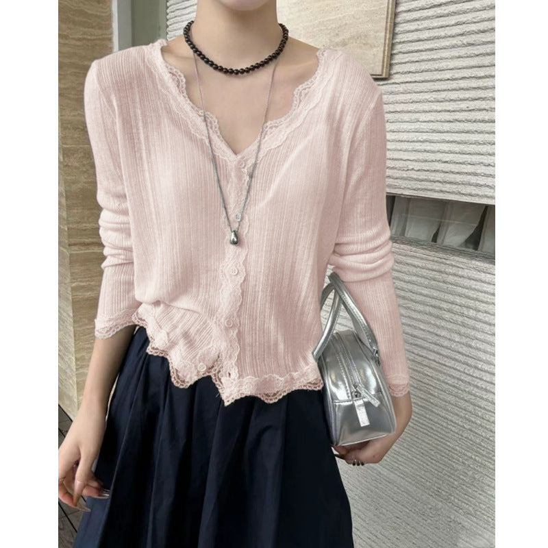 Summer Sweetheart Vibes - Lace-Edged V-Neck Sun Protection Cardigan
