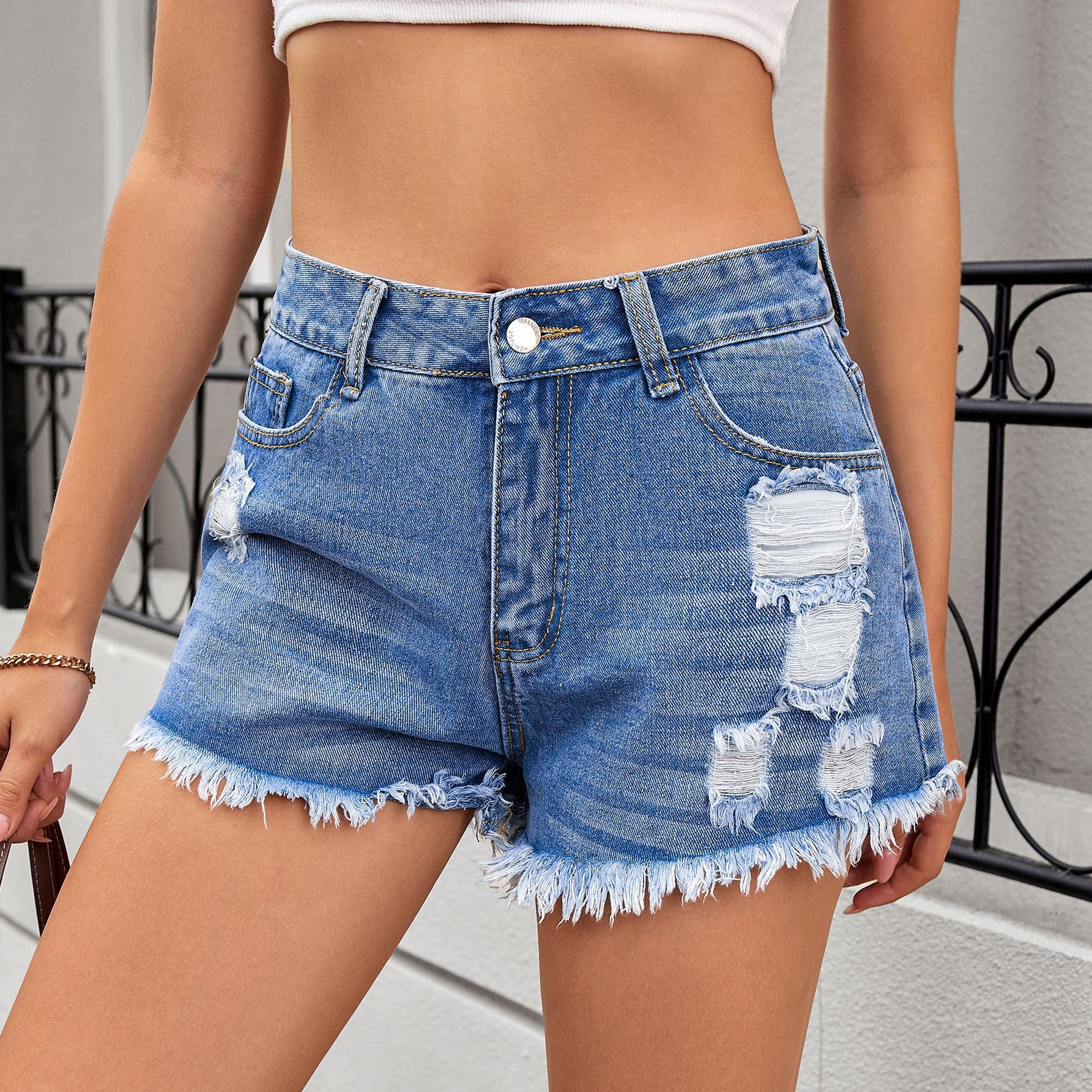 Women's Ripped Denim Shorts - High-Waisted Hot Pants with Distressed Hole Detailing