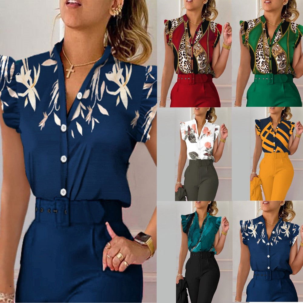 Women's Summer V-Neck Button Down Shirt – Floral Print, Petal Sleeves, Lightweight Casual Blouse
