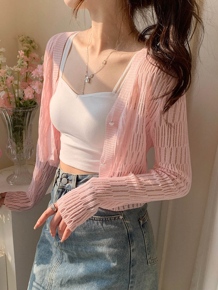 Women's Summer Sun Protection Knitted Jacket - Lightweight Hollow Out Air-Conditioning Blouse