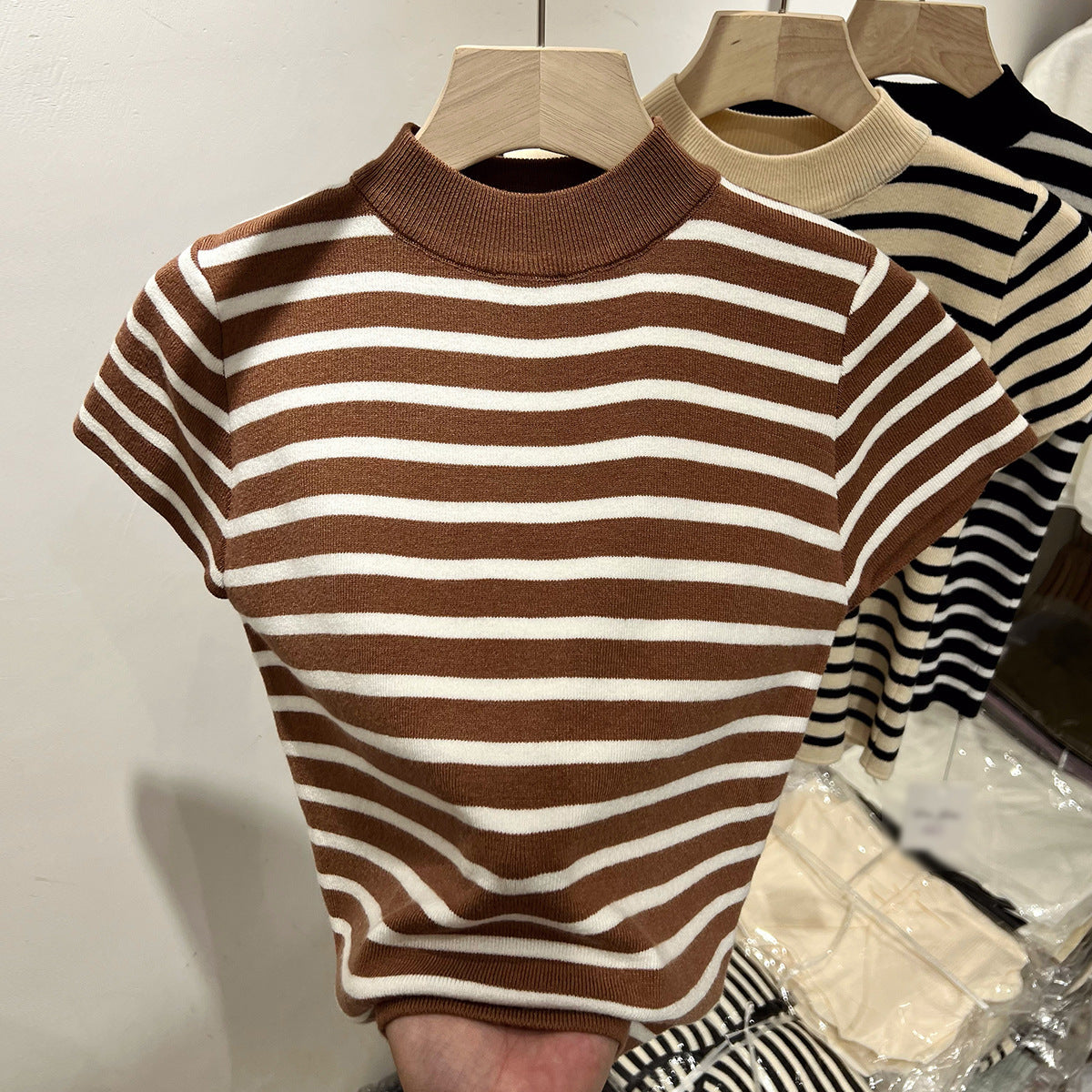 Half Turtleneck Striped Sweater - Flying Sleeves, Slim Fit Short-Sleeved Top for Women