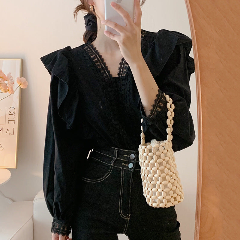 French-Inspired Lace V-Neck Ruffle Blouse - Loose Fit Puff Sleeve Casual Shirt