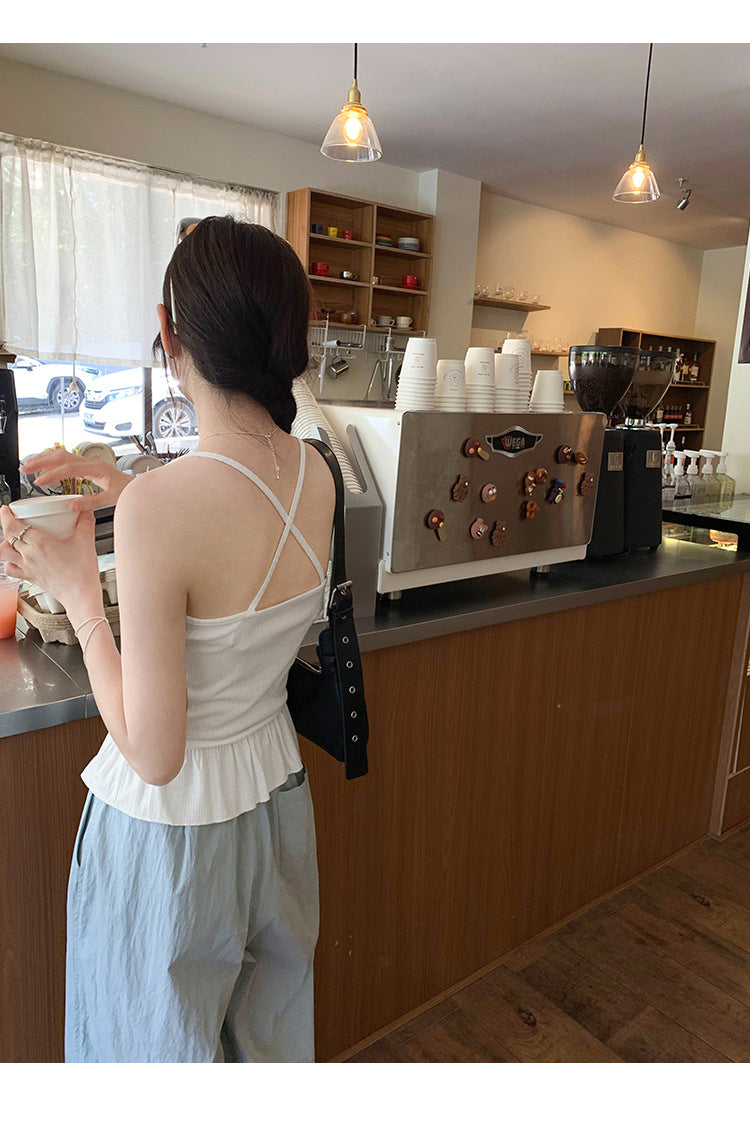 White Lace Ruffled Sling Top - Sweet & Spicy Summer Seaside Style