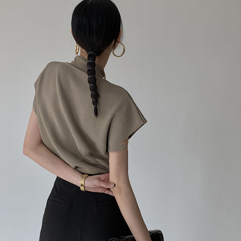 2025 New Women's Knitted Vest - Half Turtleneck Waistcoat Style, Loose Short-Sleeved Summer Top