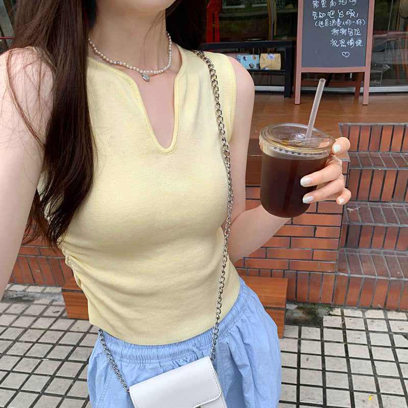 Women's Sleeveless Knitted Vest - Waist Pleated High-End Summer Fashion Top