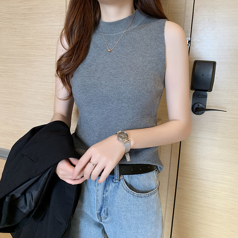 Women's White Knitted Vest - Small Camisole Top for Autumn & Winter, Half Turtleneck Sleeveless Sweater, Lightweight Bottoming S