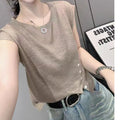Summer Women's Knitted Short Sleeve Sweater - Loose Fit, Irregular Hem, Chic Round Neck Top