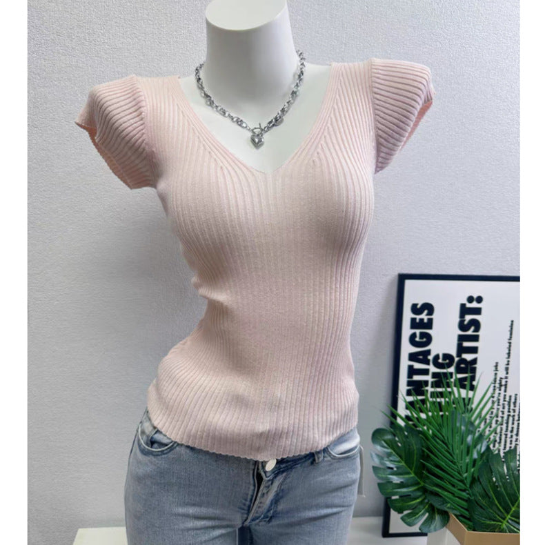 Pure Desire Style V-Neck Short-Sleeved Knitted T-Shirt - Effortless Chic, Everyday Comfort