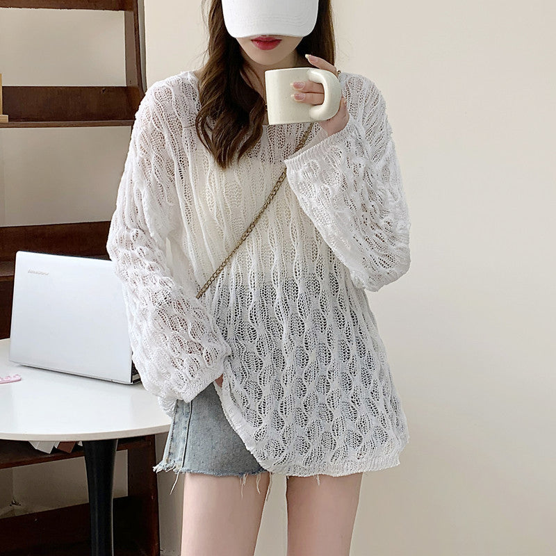 Women's Loose Hollow Knit V-Neck Sweater - Thin Lazy Style Casual Top