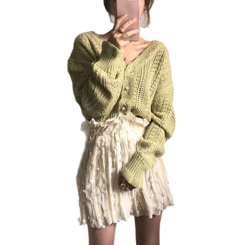 Spring and Autumn New Retro Hollow Lazy Style Wool Coat Hook Flower Sweater V-neck Knitted Cardigan for Women
