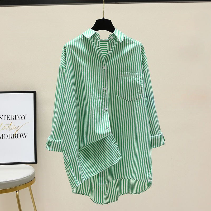 Artistic High-Low Striped Mid-Length Shirt for Women