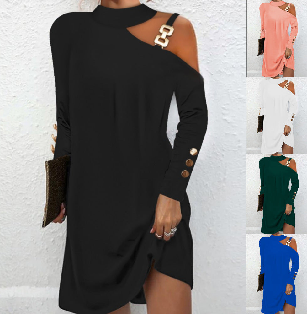 Autumn Simple Metal Buckle Halter Button Dress – Women's Casual Chic Style