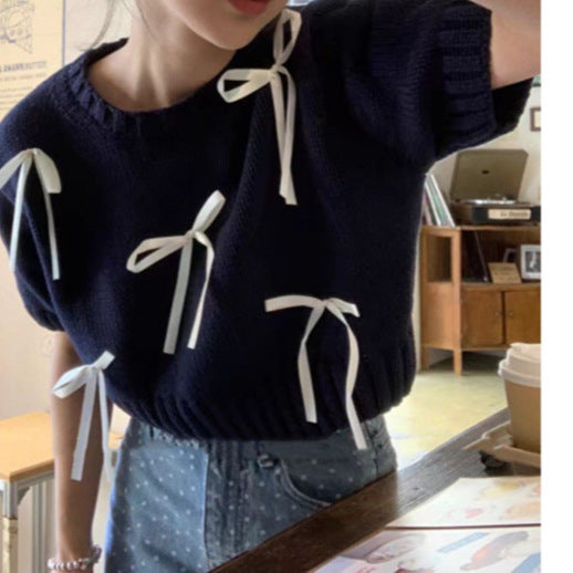 Sweet Short-Sleeved Knitted T-Shirt for Women - Spring/Summer Age-Reducing Soft Sweater Top