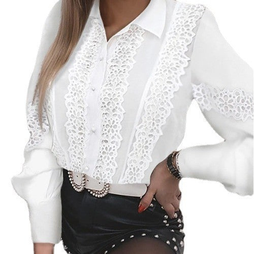 Women's Spring and Summer Fashion Lace Long Sleeve V-Neck Button Shirt - Elegant & Lightweight Blouse