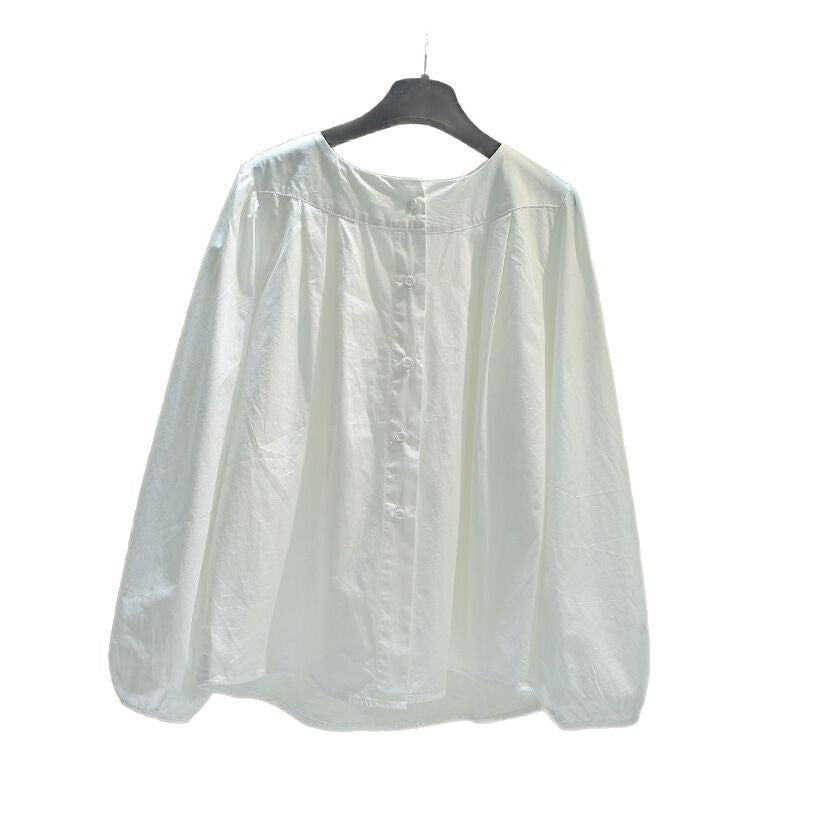 Khaki Pleated Cotton Blouse - Lantern Sleeve Elegance