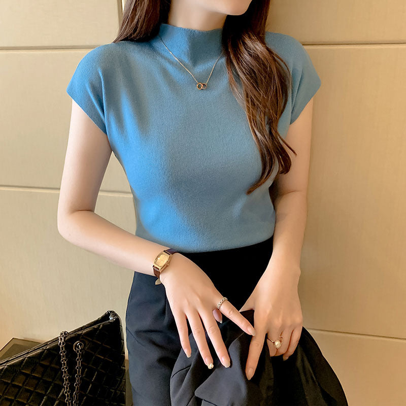 Knitted Sleeveless Half-High Collar Women's Short T-Shirt - 2025 Summer Trendy Top