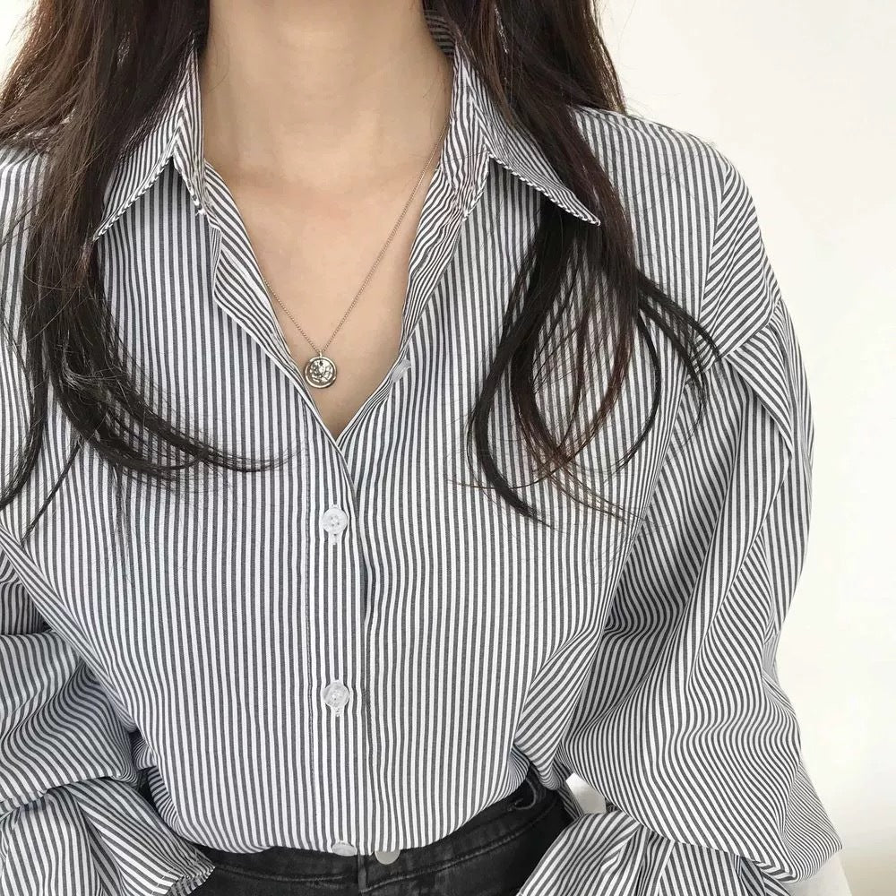 Women's Striped Lantern Sleeve Shirt - Early Spring & Autumn Chic Top