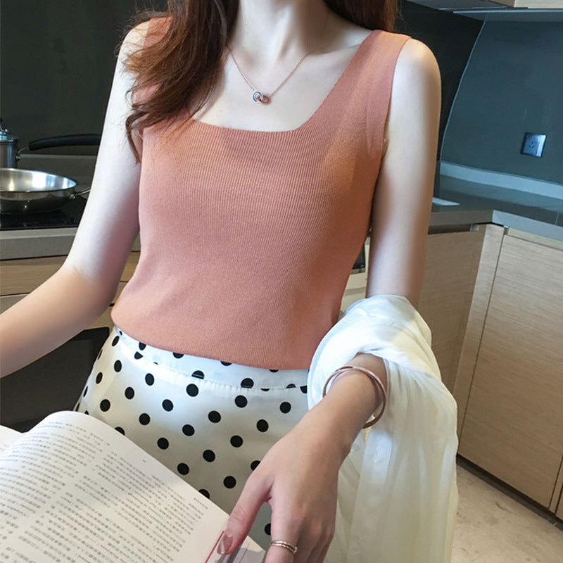 Women's Black Knitted Sleeveless Camisole - Spring & Autumn Short Vest, Stylish Innerwear & Outerwear Top
