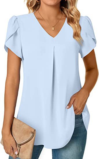 Women's Summer V-Neck Petal Sleeve Blouse - Lightweight Casual Shirt