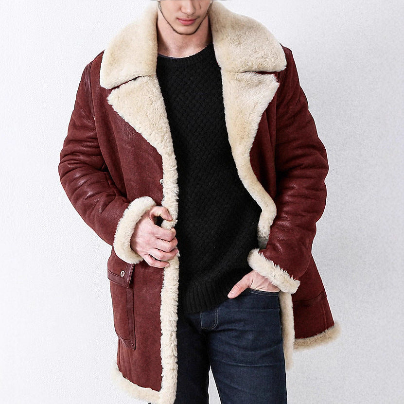 Men's Thickened Fur Lined Imitation Leather Long Coat
