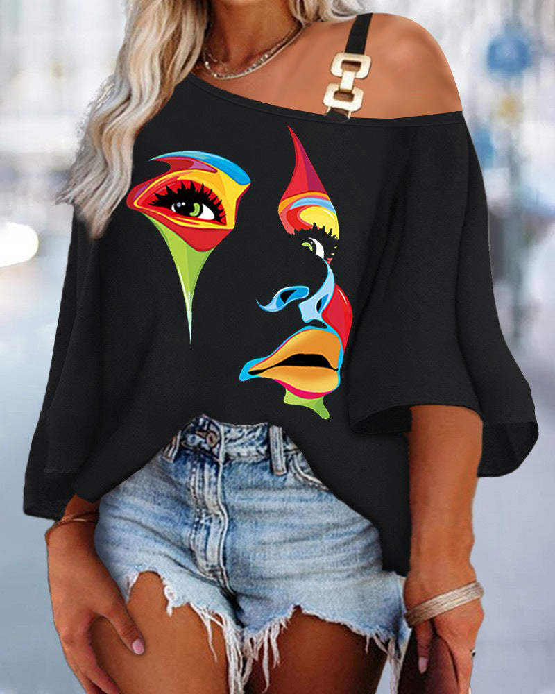 Women's Fashion Splicing Loose Casual Top - Printed T-Shirt with Trendy Contrast Design