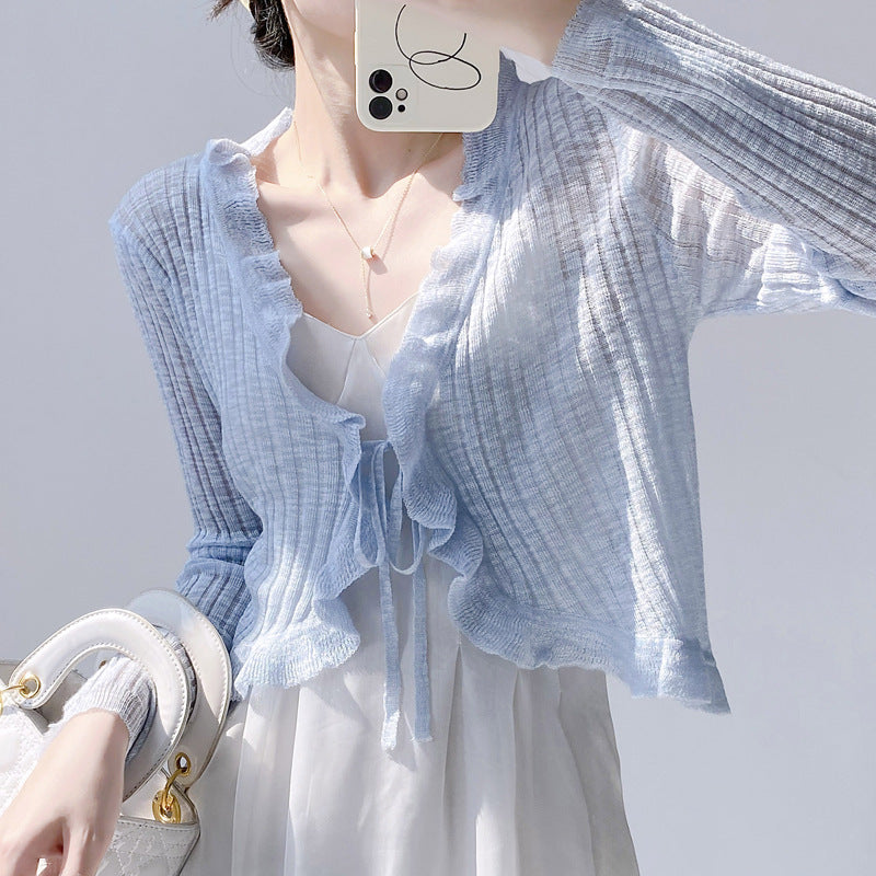 Women's Summer Sun Protection Knitted Cardigan - Lightweight Fairy-Style Shawl with Thin Suspender Skirt, Air Conditioning Blous