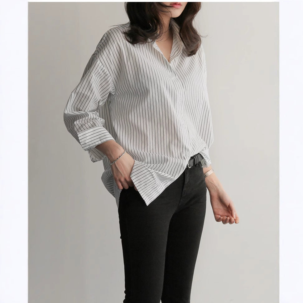 Loose Striped Long-Sleeved Shirt - Simple & Versatile Spring/Autumn Style for Women