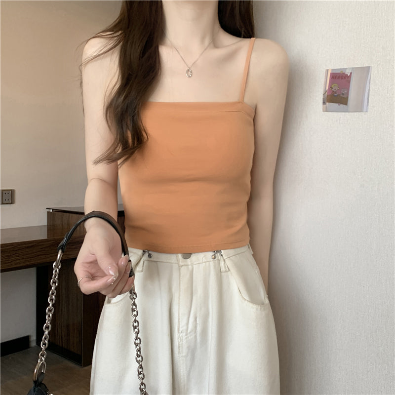 Chic Flat-Neck Camisole with Built-in Bra - Summer Beautiful Back Tube Top
