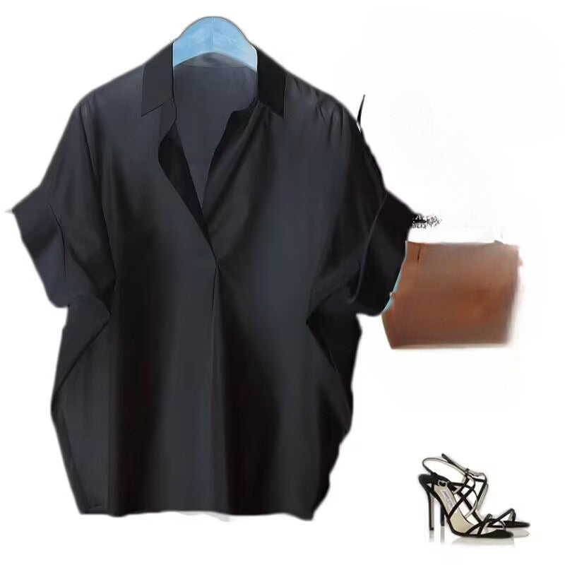 Women's White Bat Sleeve Shirt - Loose Fit Short-Sleeved Collared Top
