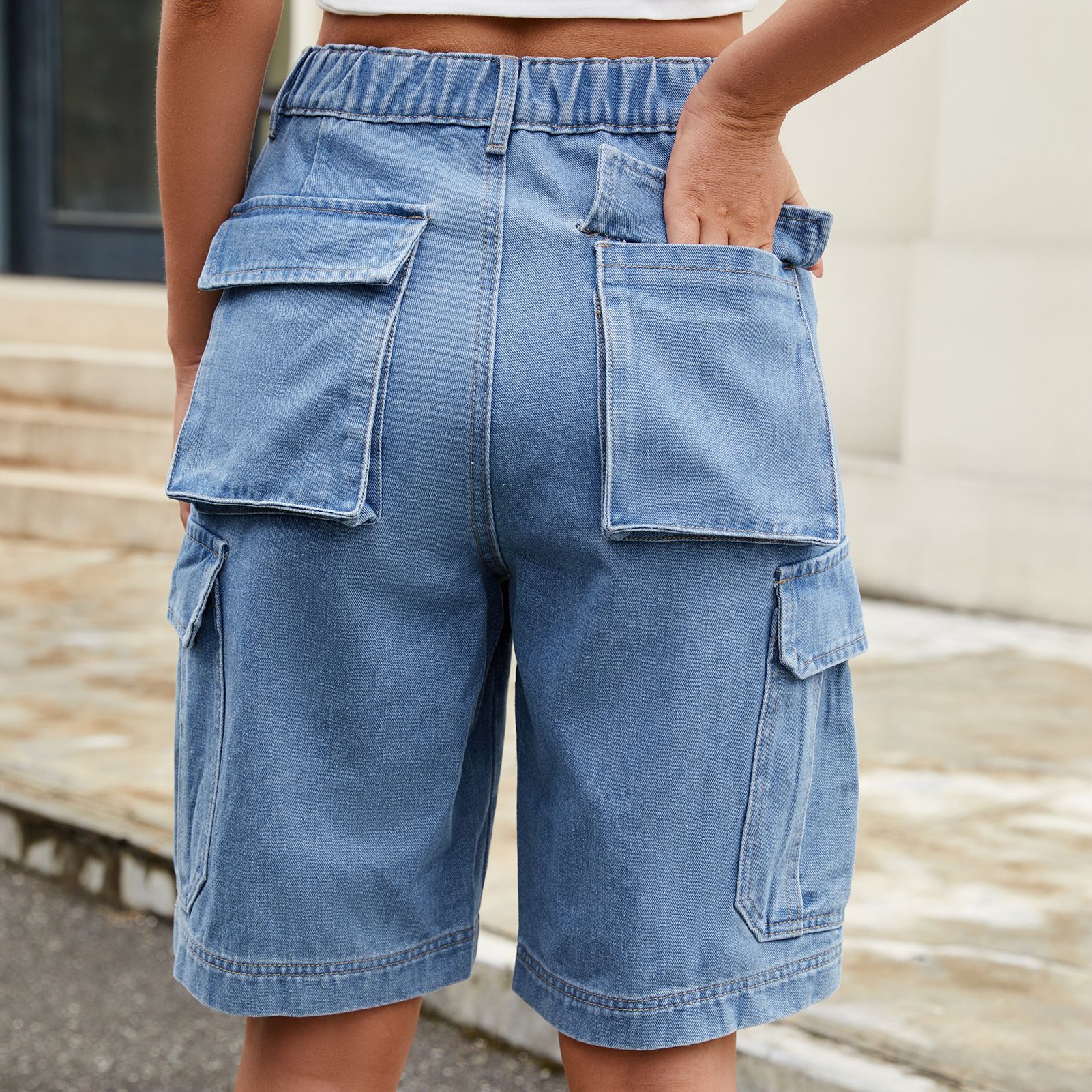 Elastic Waist Denim Workwear Shorts