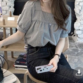 New Summer Sweet Style - Women's Short-Sleeved Small Plaid Clavicle Top