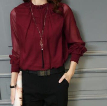 Spring & Autumn Ruffled Bottoming Shirt - Versatile Large Size Top with Small Stand-Up Collar