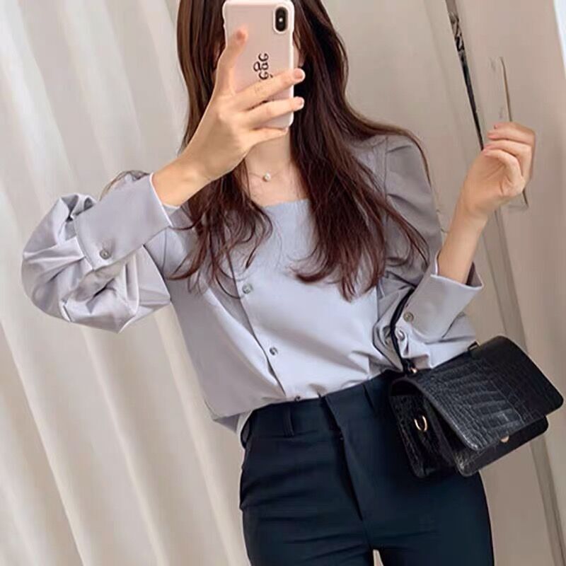 2025 Gentle & Elegant Square Collar Lantern Sleeve Shirt - Clavicle-Revealing Charm Meets Refined Versatility