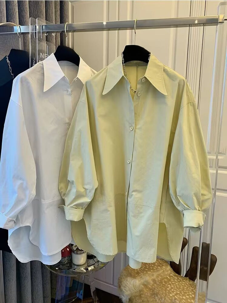 Women's Oversized Shirt - Spring & Autumn Long Sleeve Pointed Collar Top with Stitching Detail
