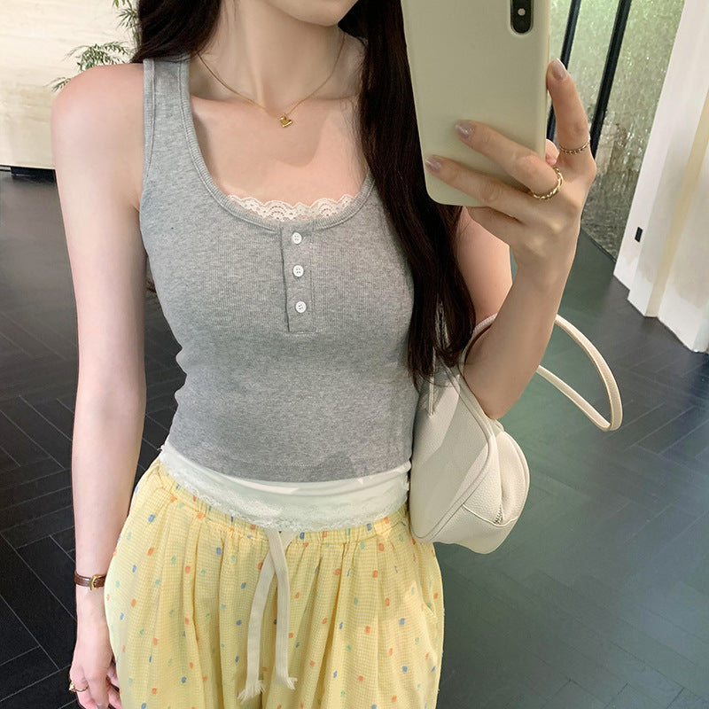 Women's Contrast Color Splicing Lace Vest - Fake Two-Piece Niche Summer Top (Real Shot)