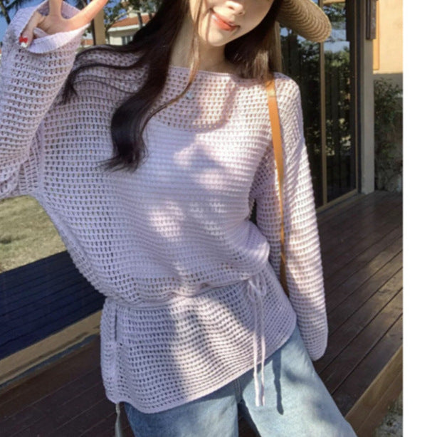 One-Shoulder Hollow Knitted Sweater - Women's Early Spring Sun Protection Blouse