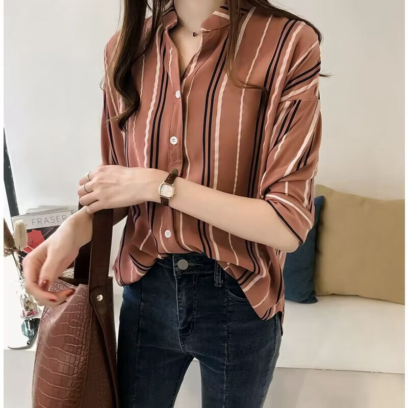 Women's Plus Size Striped V-Neck Three-Quarter Sleeve Loose Fit Top