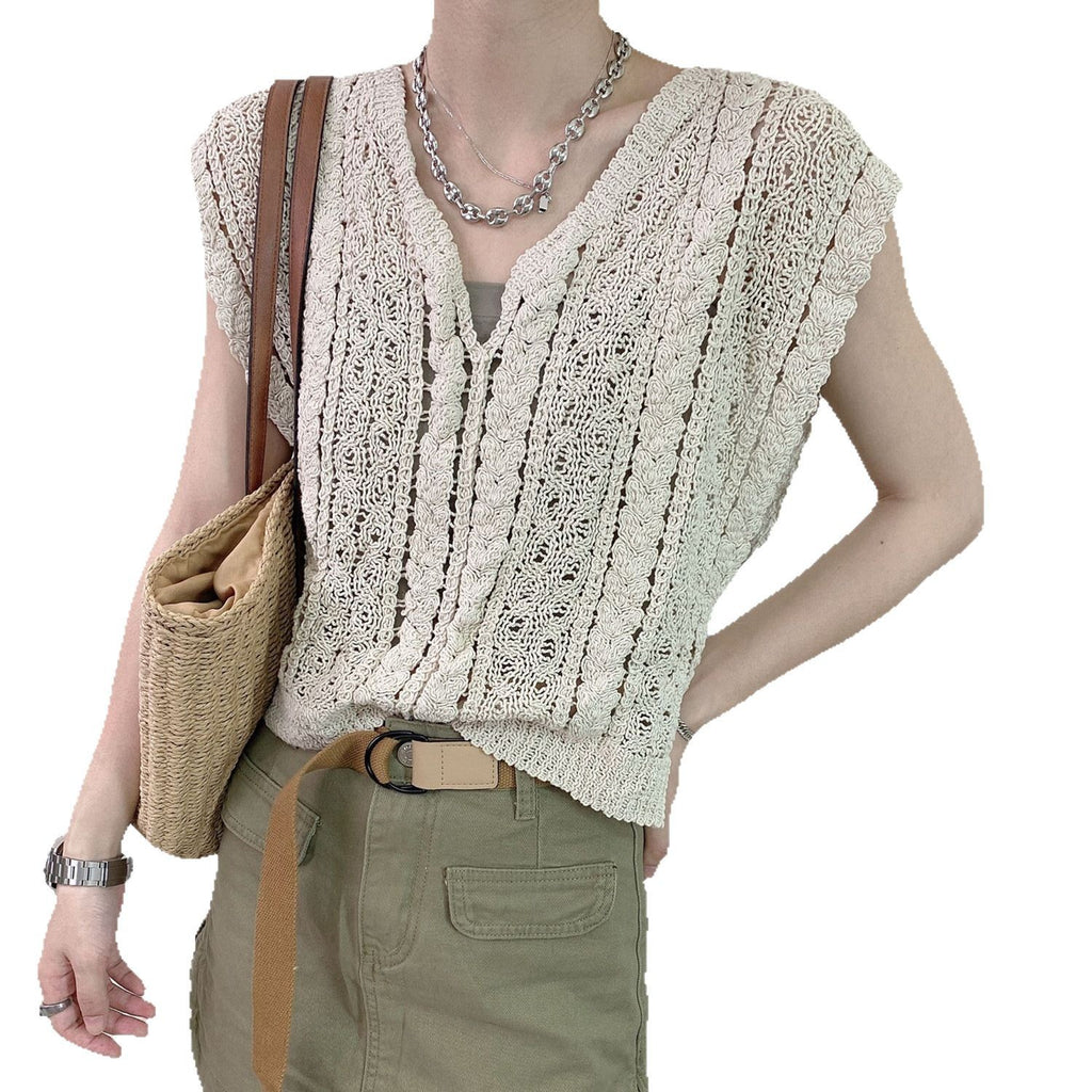 Hollow Crochet V-Neck Vest Sweater - Women's Summer 2025