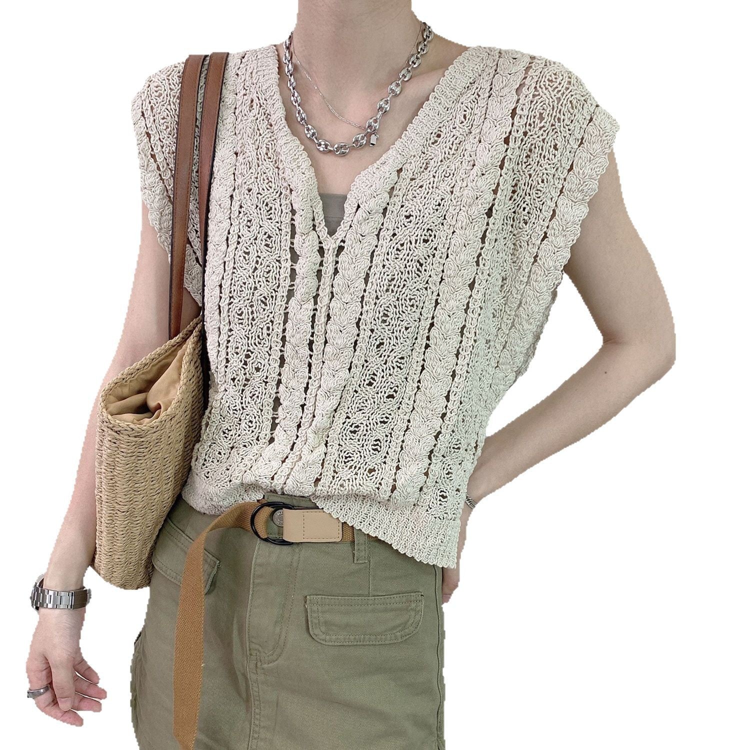 Hollow Crochet V-Neck Vest Sweater - Women's Summer 2025