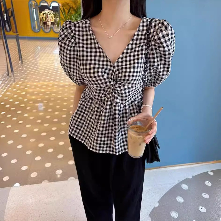 Summer V-Neck Puff Sleeve Plaid Shirt - Sweet & Simple Versatile Top for Women