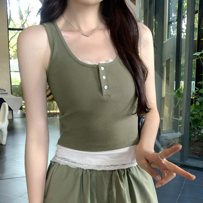 Women's Contrast Color Splicing Lace Vest - Fake Two-Piece Niche Summer Top (Real Shot)