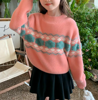 Girls Mink Velvet Jacquard Pullover Sweater
