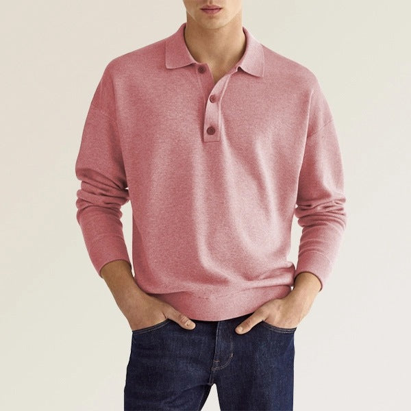 Men's Casual Long Sleeve V Neck Button Polo Shirt