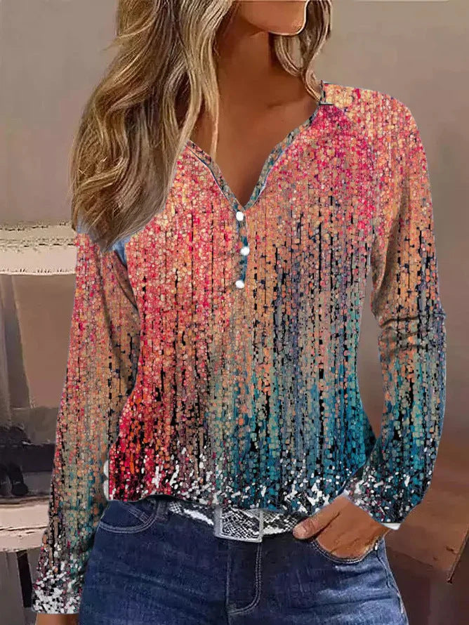 Printed Round Neck Loose Long Sleeve T Shirt
